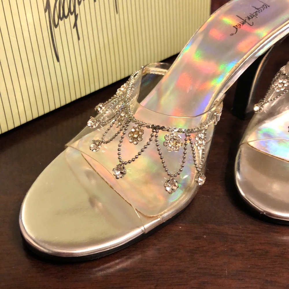 Jacqueline Ferrar clear strap rhinestone heels!